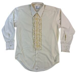 Vintage 70s After Six Light Yellow Ruffle-Front Shirt Men’s 45″ Chest